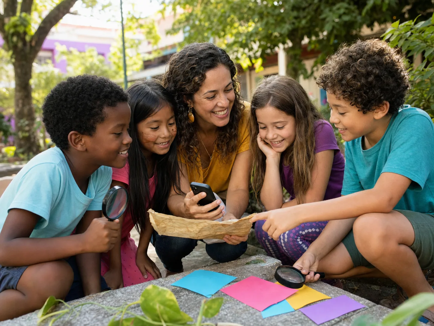 Educadora e crianças brasileiras diversas colaboram em uma caça ao tesouro ao ar livre